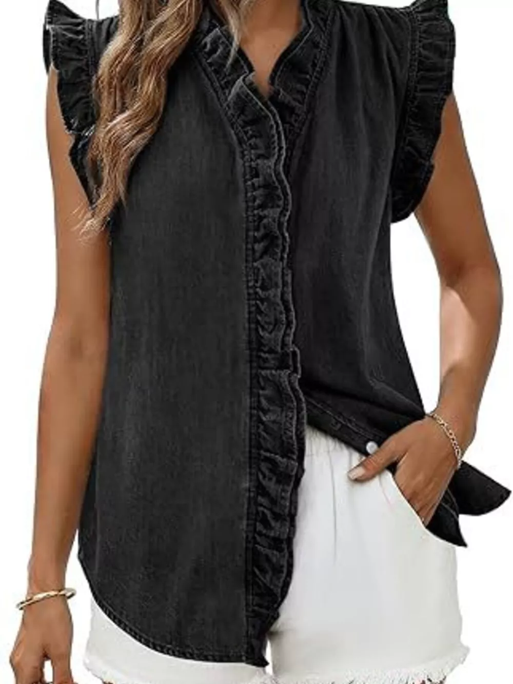 Ruffle Trim V-Neck Sleeveless Denim Top, image 5