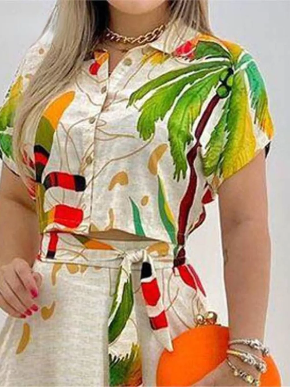 Tropical Print Button-Up Crop Top and Maxi Skirt Set、, image 3