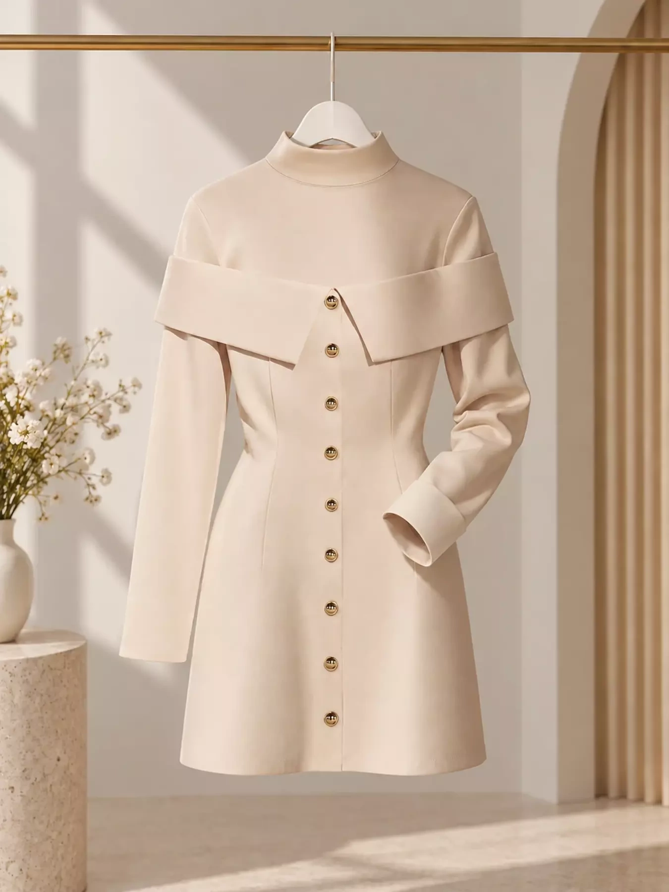 Mock Neck Button Front Mini Dress, image 3