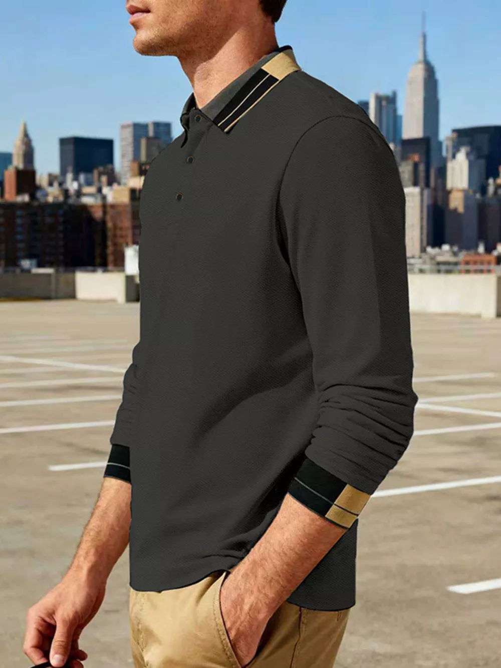 Men's Full Size Button Detail Long Sleeve Polo Plus Size, image 9