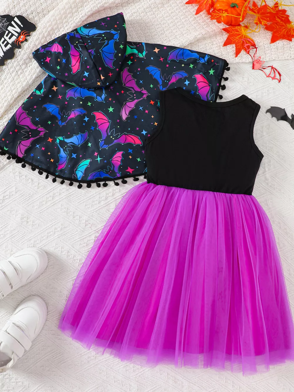 Children's Halloween Bat Print Hooded Cape and Tulle Dress Set, image 3