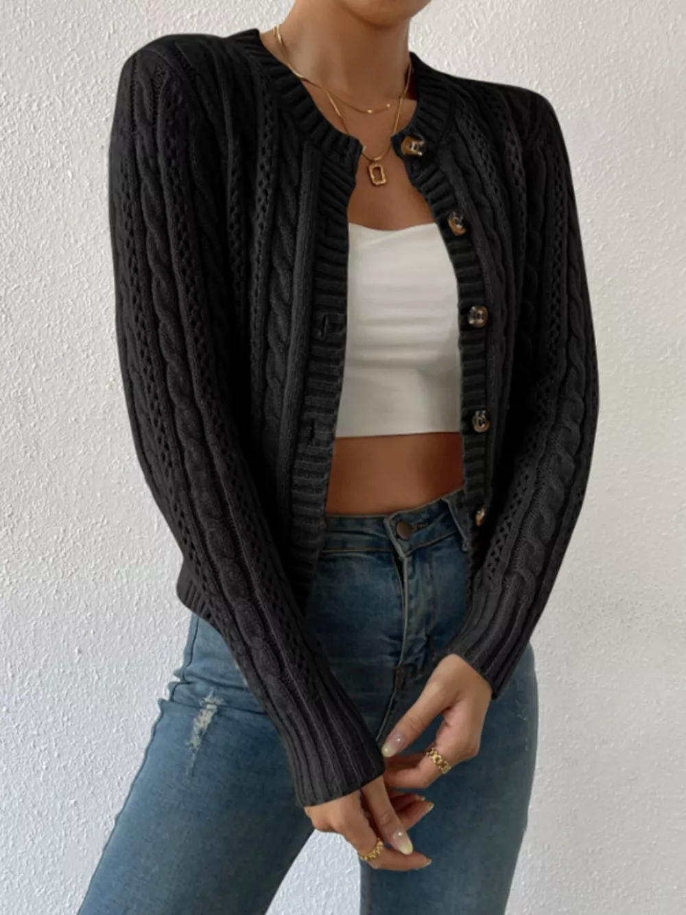 Cable Knit Button-Up Cardigan, image 14