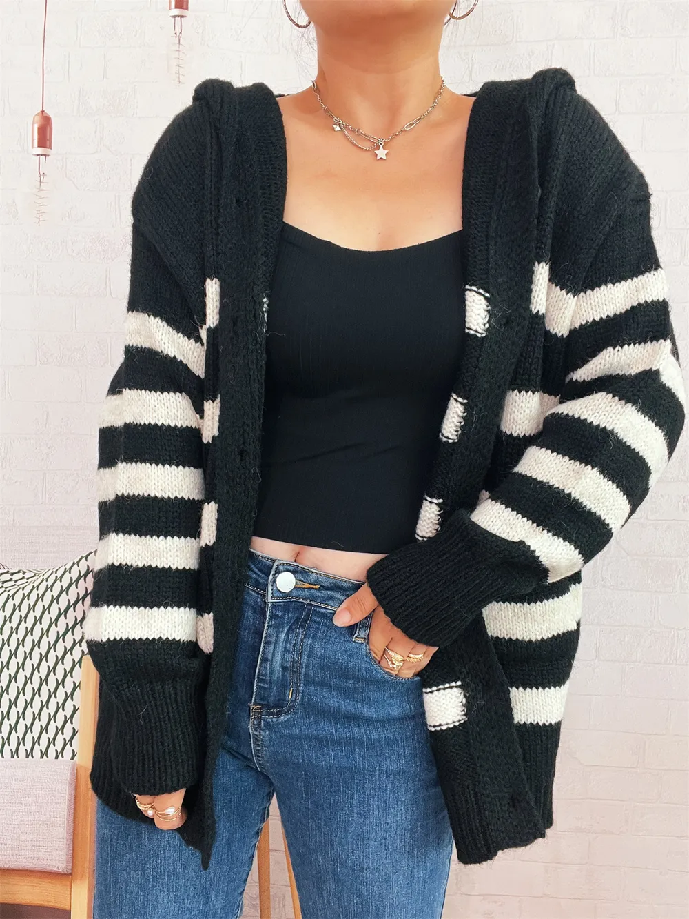 Striped Button-Up Hooded Cardigan, image 10