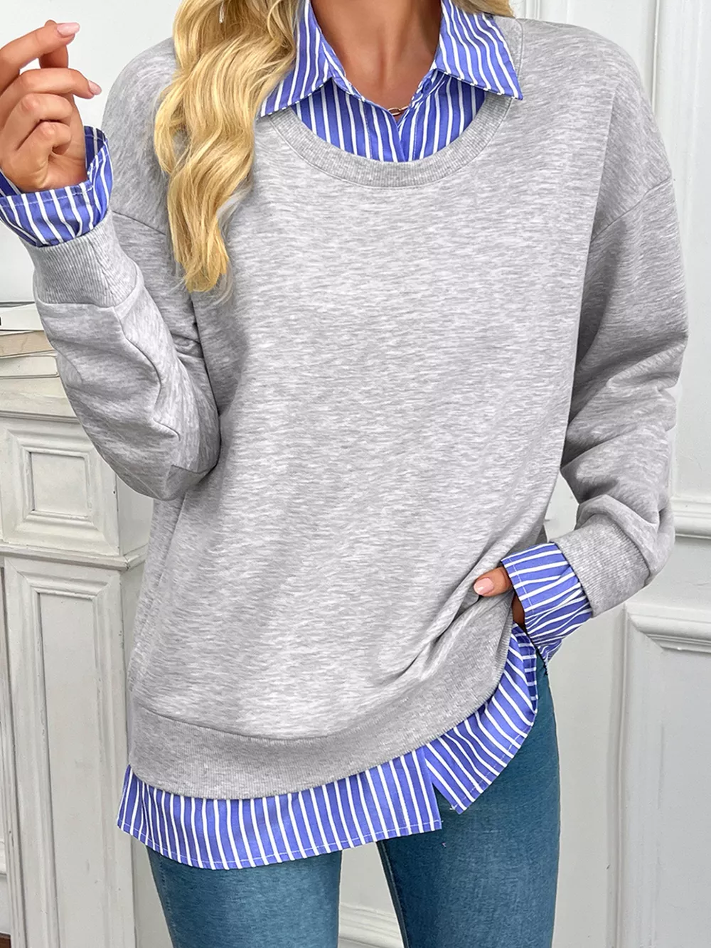 Striped Collar 2-in-1 Patchwork Casual Loose Sweatshirt, image 3