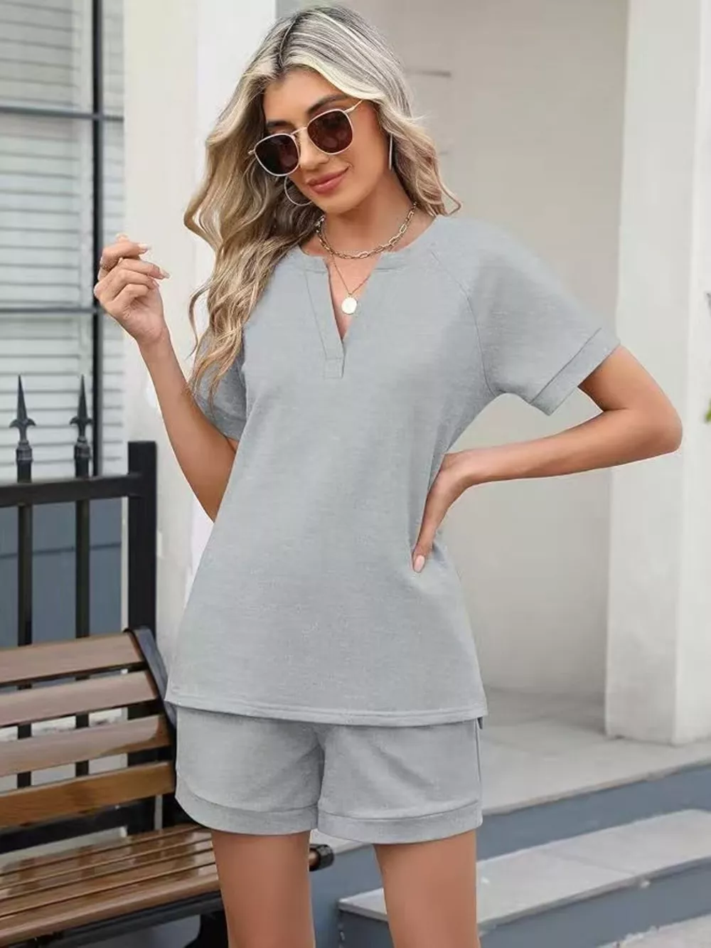 Solid Color Short Sleeve Top and Shorts Two-Piece Set, image 29