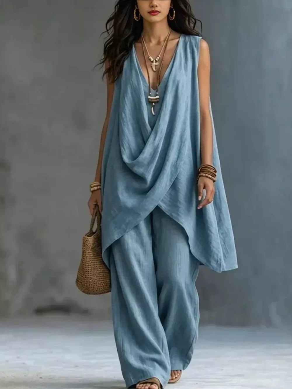 Sleeveless Asymmetrical Top and Wide-Leg Pants Set, image 7