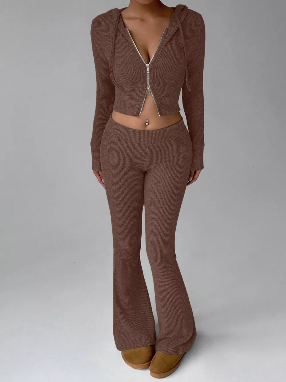 Ribbed Knit Zip-Up Hooded Top and Flared Pants Set, image 7