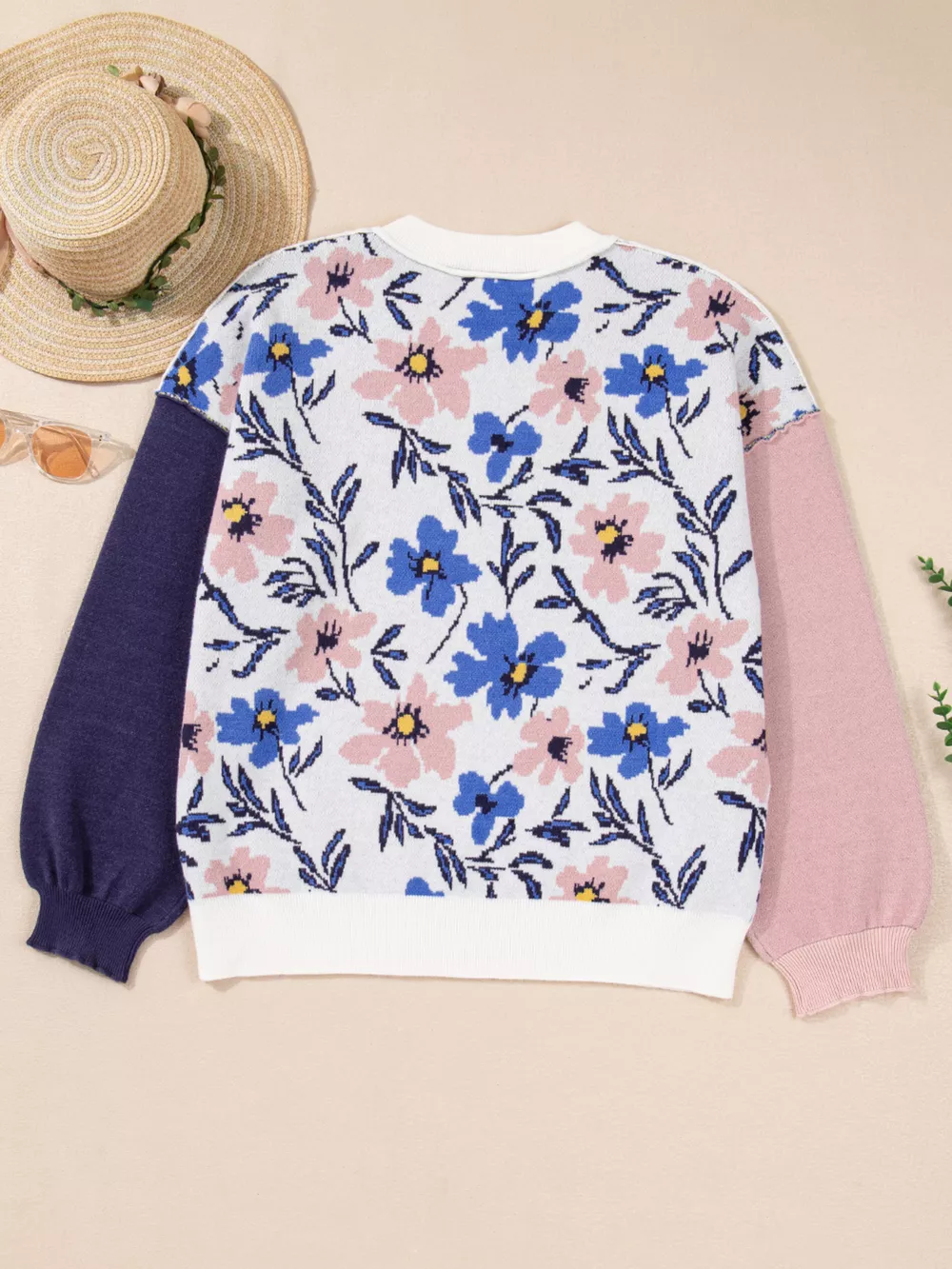 Floral Panel Colorblock Sleeve Patchwork Sweater, image 9