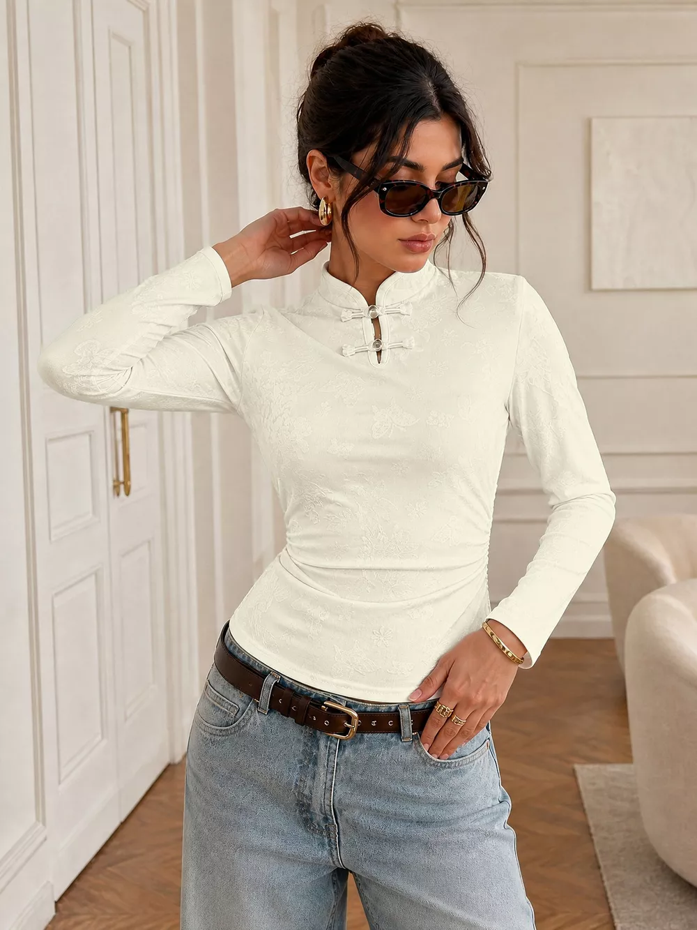 Floral Jacquard Slim-Fit Long Sleeve T-Shirt, image 7