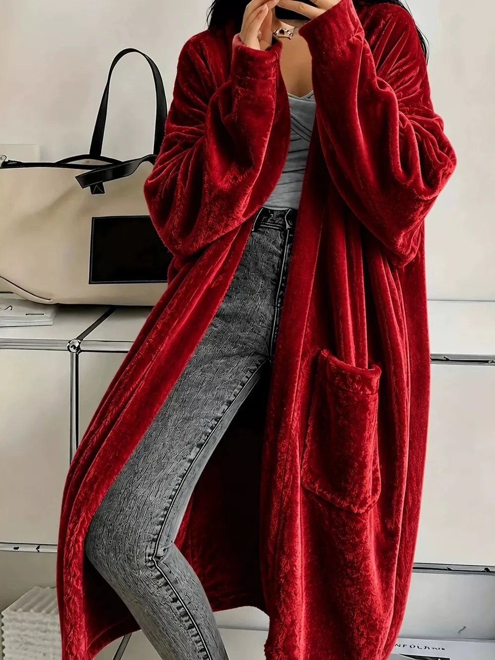 Full Size Velvet Open-Front Longline Outerwear Plus Size, image 9