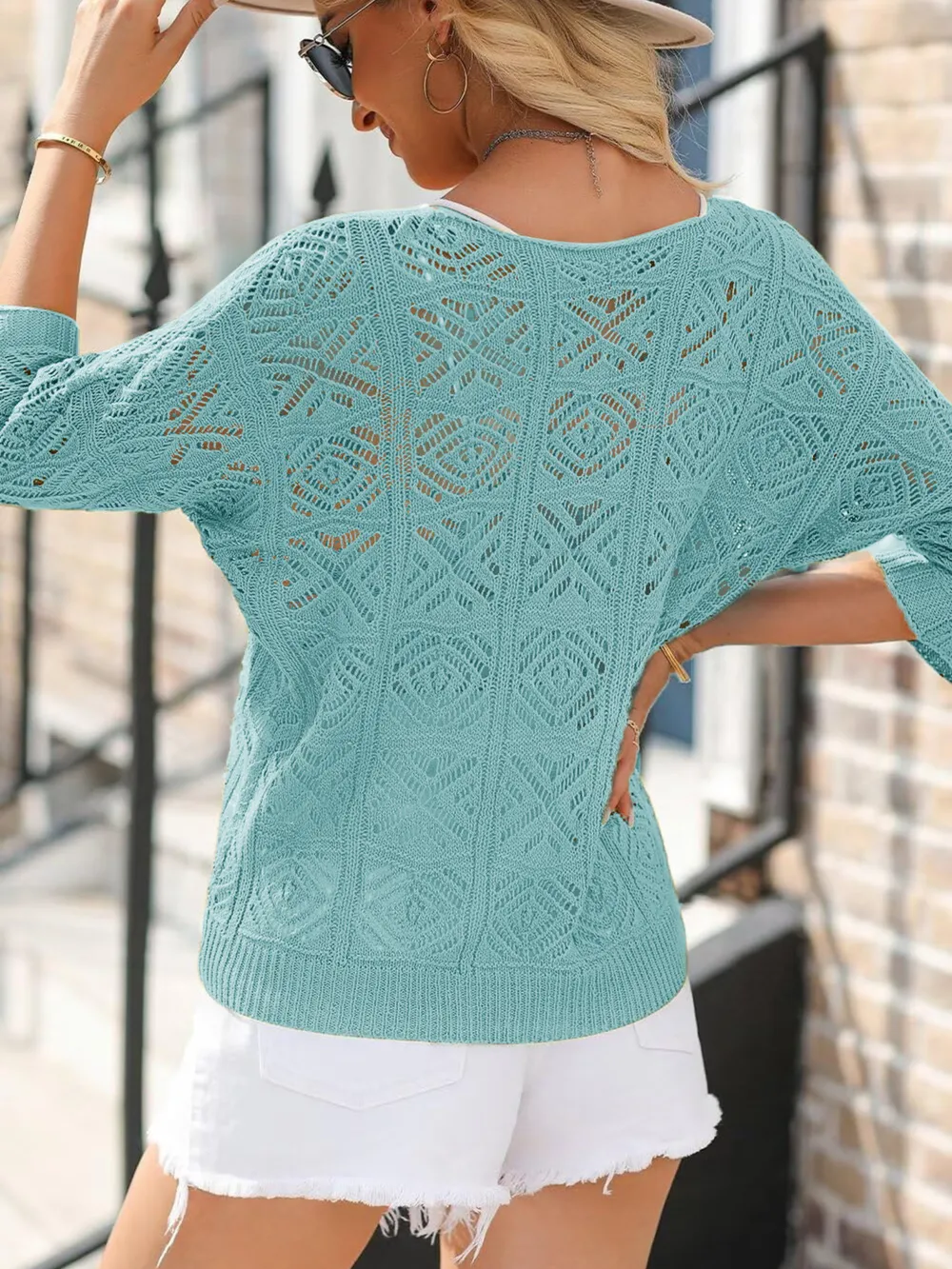Openwork 3/4 Sleeve Knit Cover Up, image 5