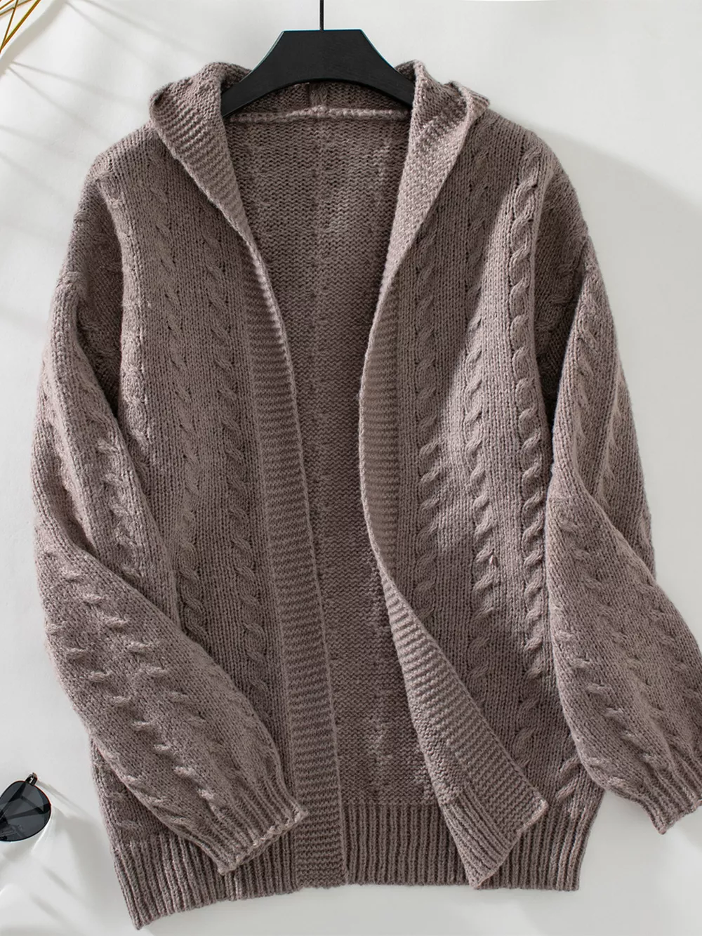 Cable Knit Open Front Hooded Cardigan
