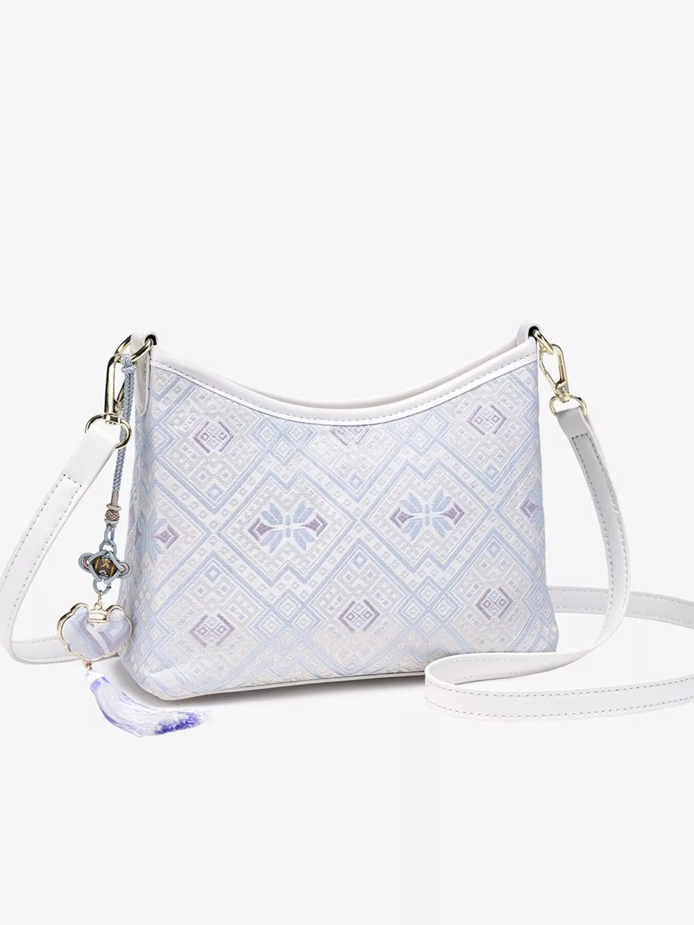 Geometric Pattern Jacquard Crossbody Bag with Tassel Charm, image 4