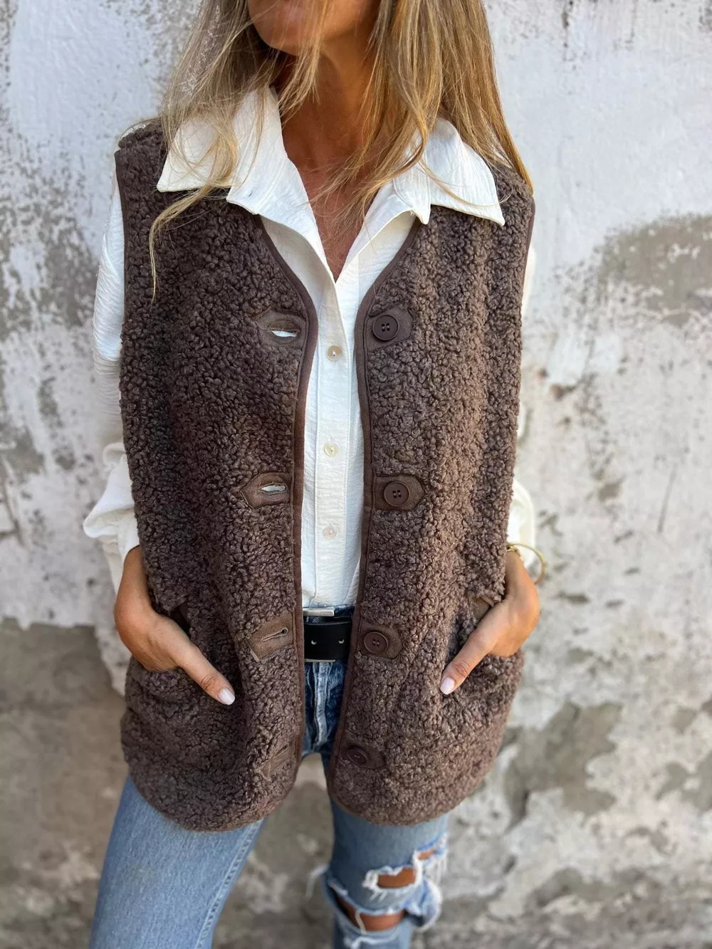 Full Size Cozy Sherpa Fleece Button-Up Vest Coat with Pockets Plus Size, image 2