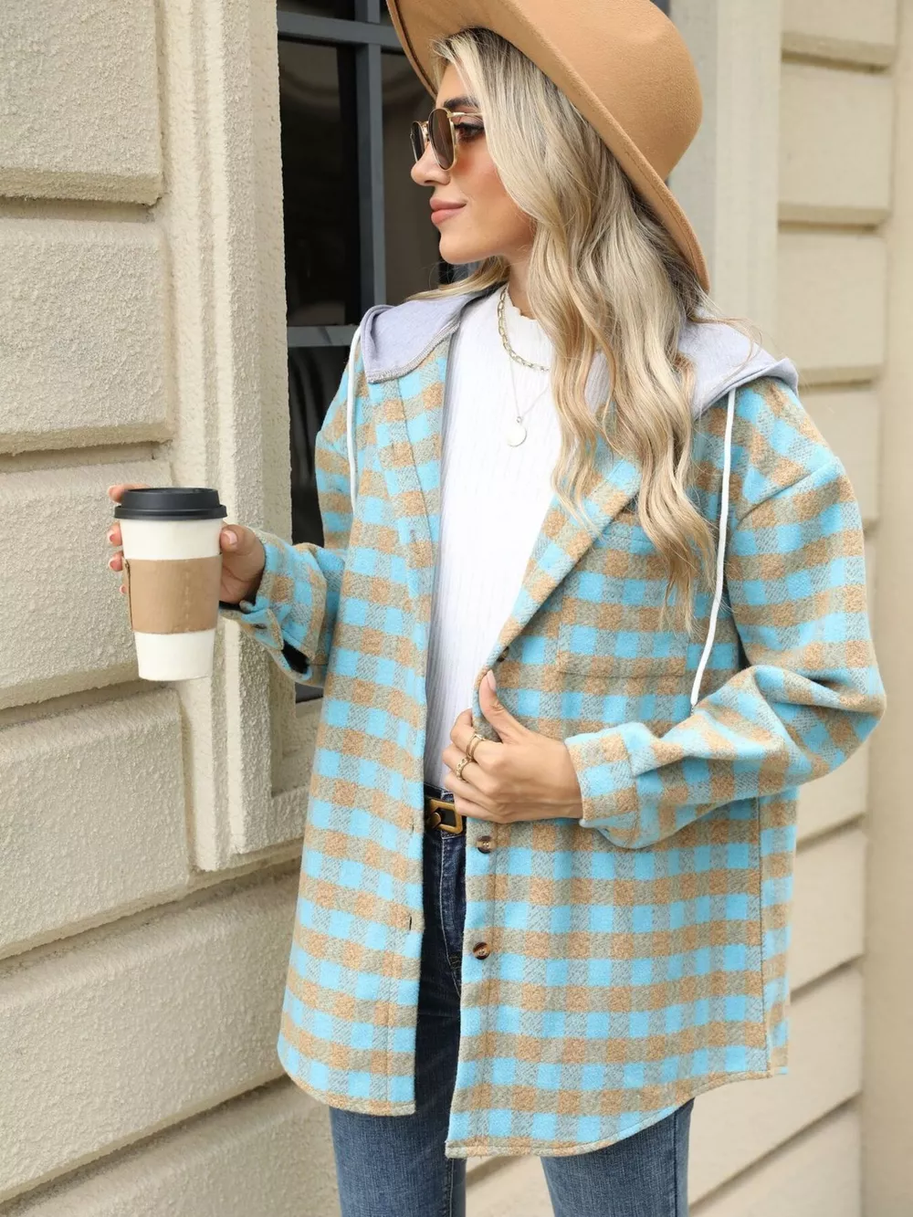 Plaid Button Up Long Sleeve Drawstring Hooded Jacket, image 25