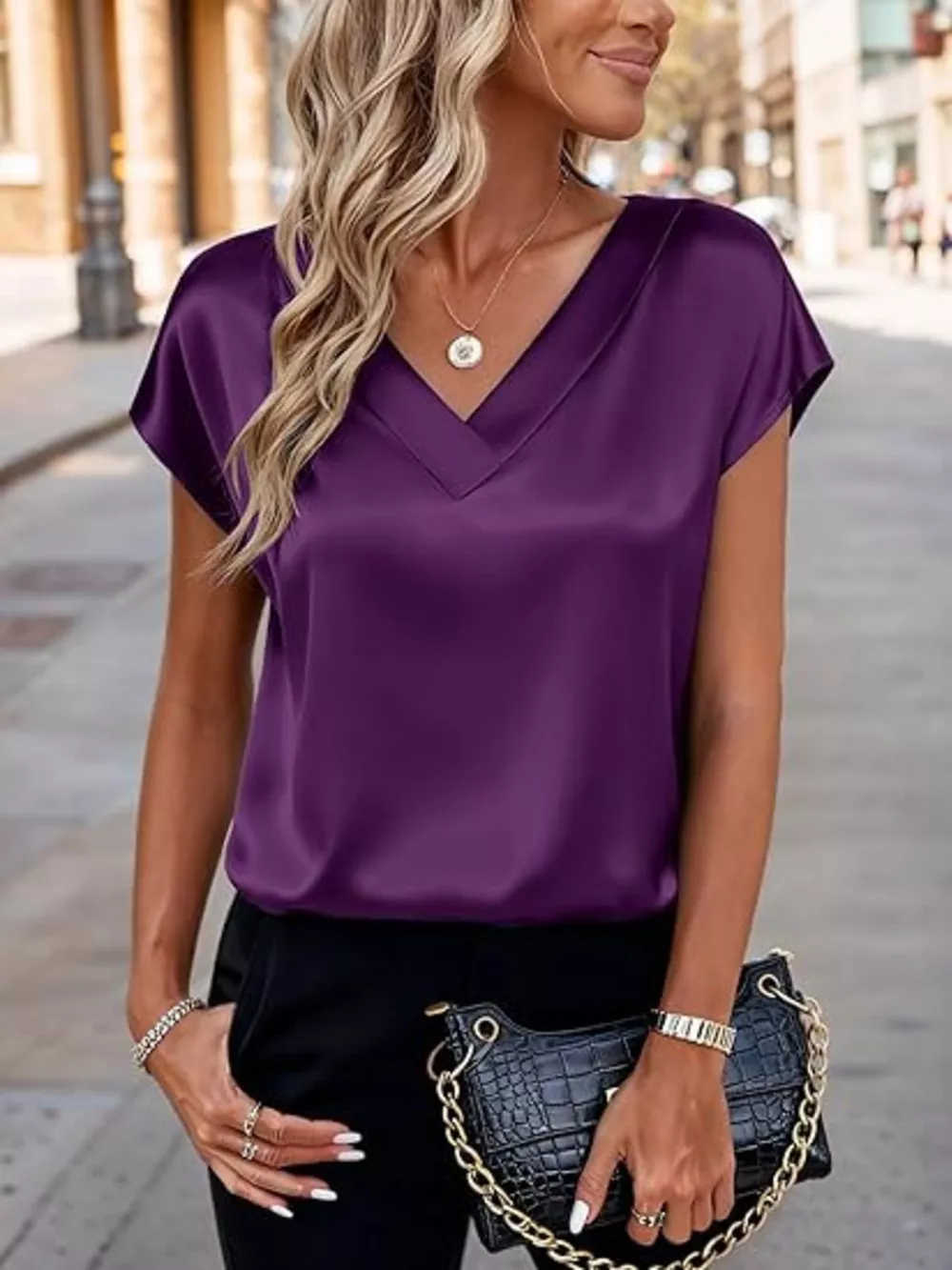 Satin V-Neck Short Sleeve Blouse, image 31