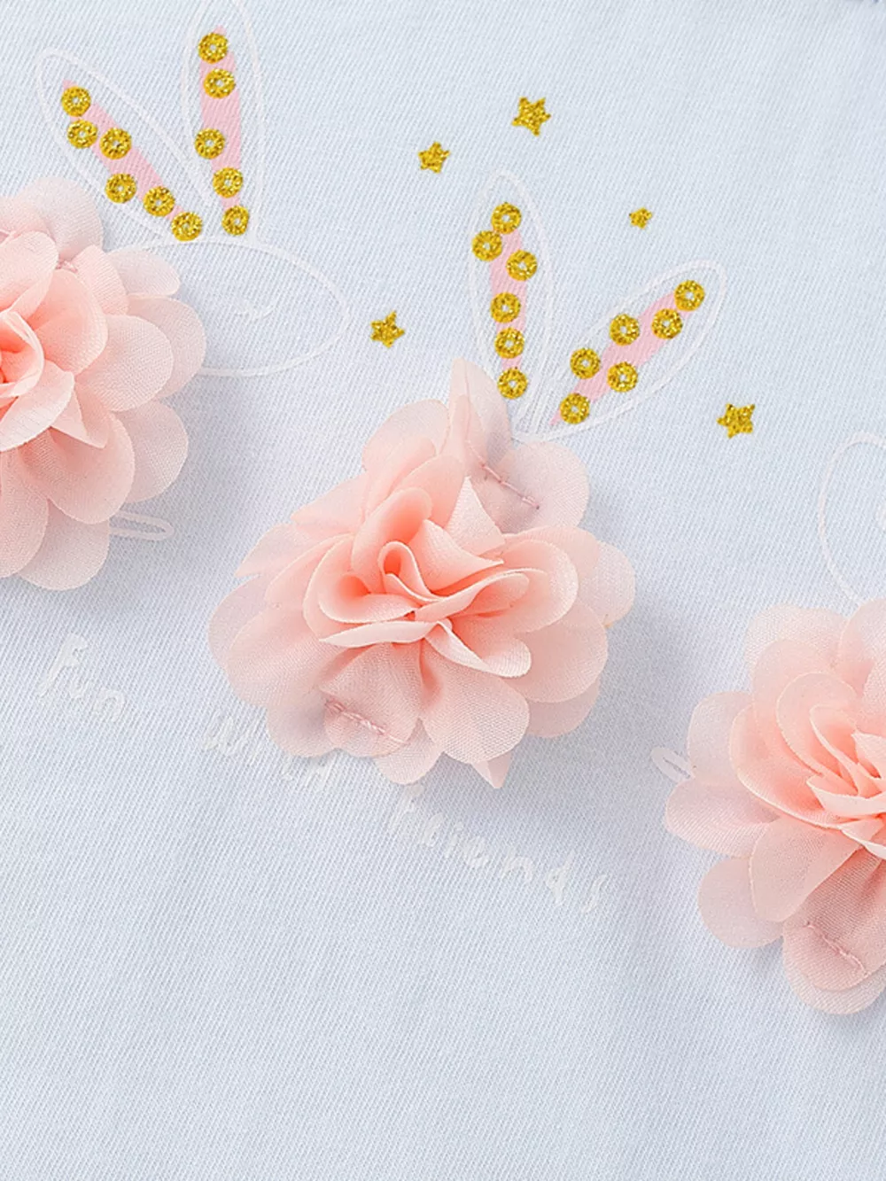 Children's Floral Applique Puff Sleeve Top with Ruffle Hem, image 4