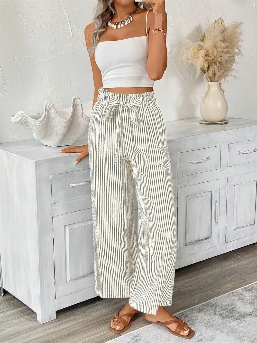 Full Size Striped Wide Leg Paper Bag Pants Plus Size, image 15