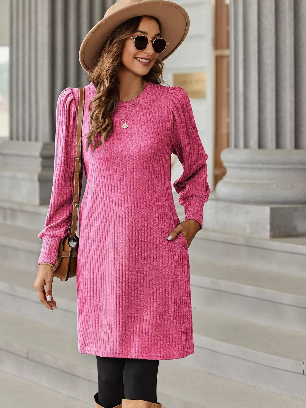 Ribbed Knit Puff Sleeve Casual Mini Dress, image 29