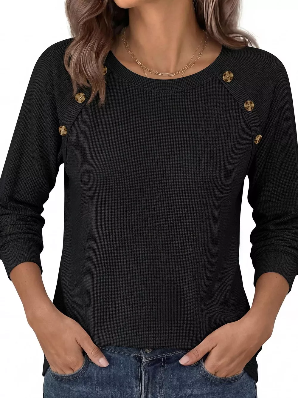 Decorative Button Waffle Knit Long Sleeve T-Shirt, image 16