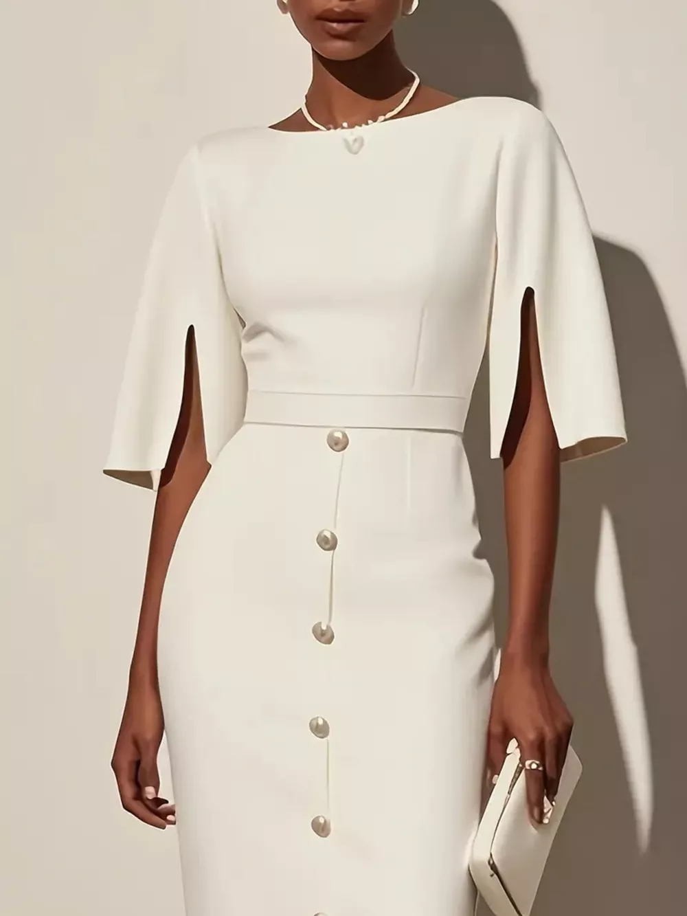 Slit Sleeve Midi Dress with Decorative Button, image 6