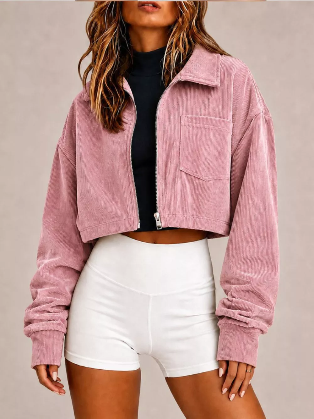 Corduroy Zip Up Cropped Jacket, image 2