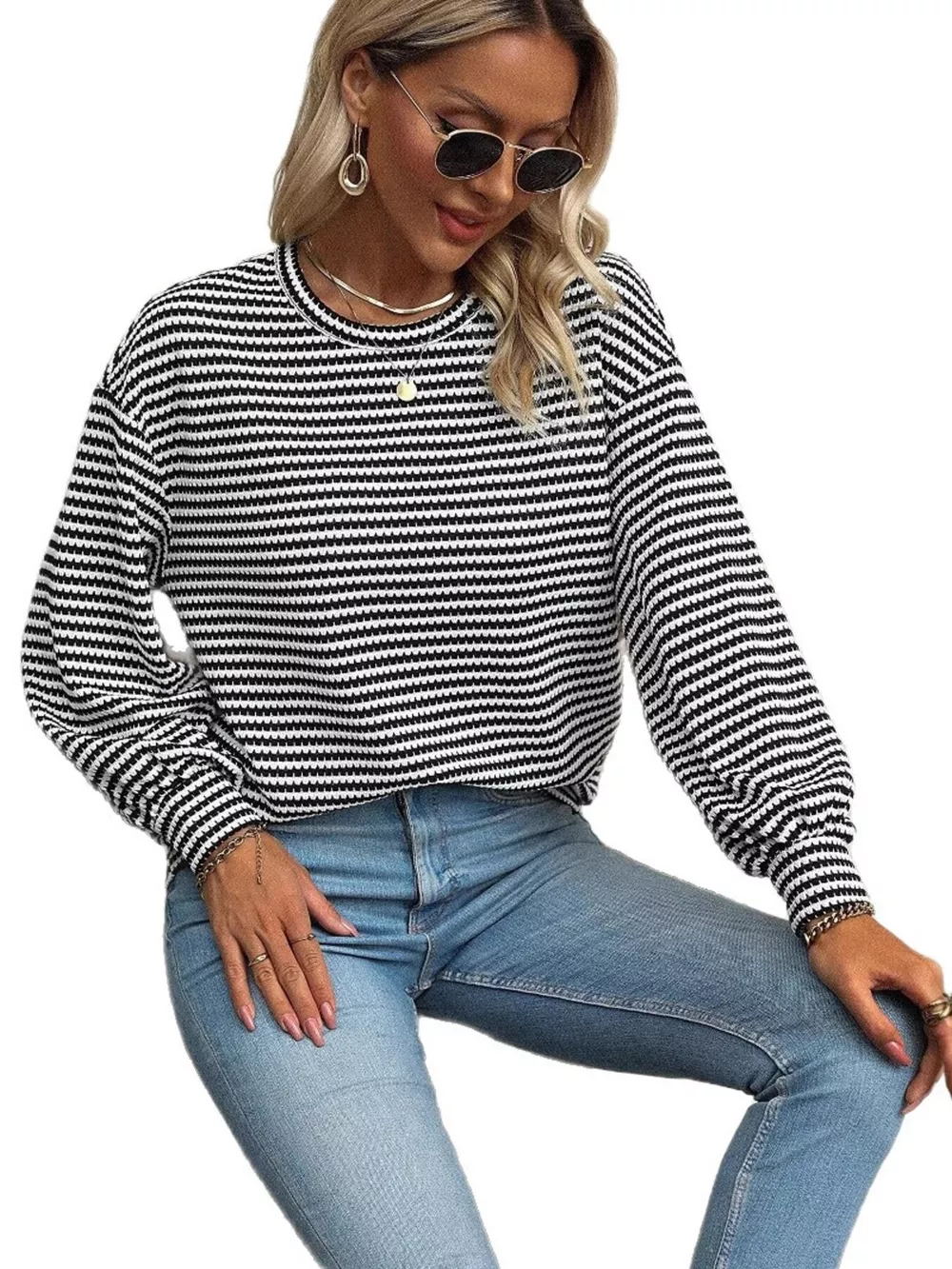 Striped Round Neck Lantern Sleeve Top, image 2