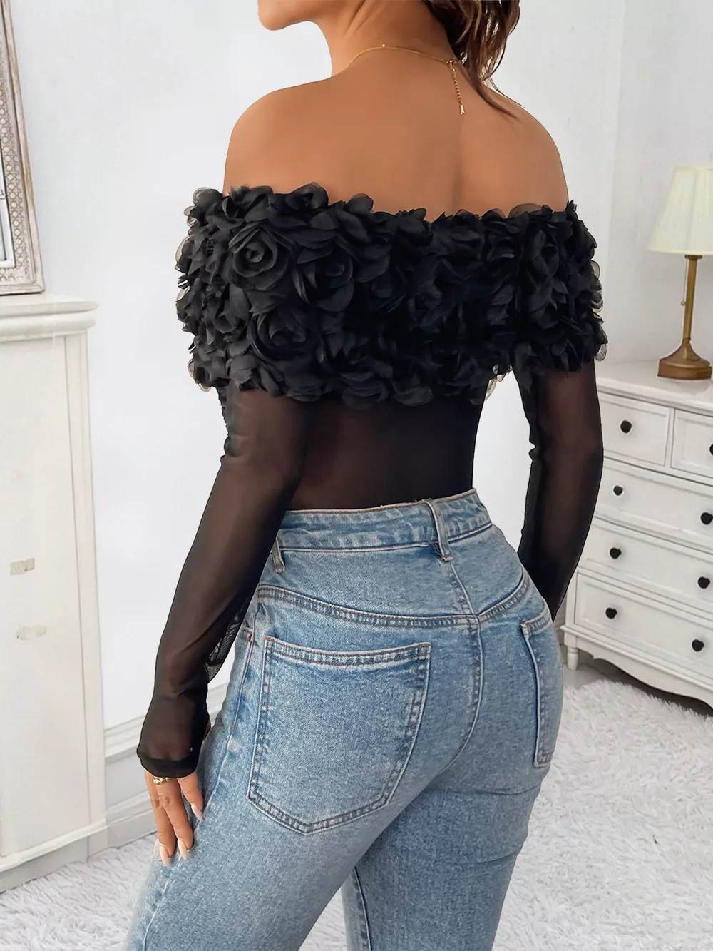 Flower Off-Shoulder Mesh Bodysuit, image 10