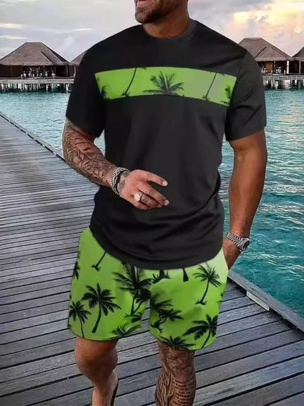 Men's Full Size Tropical Palm Tree Tee and Shorts Set Plus Size, image 4