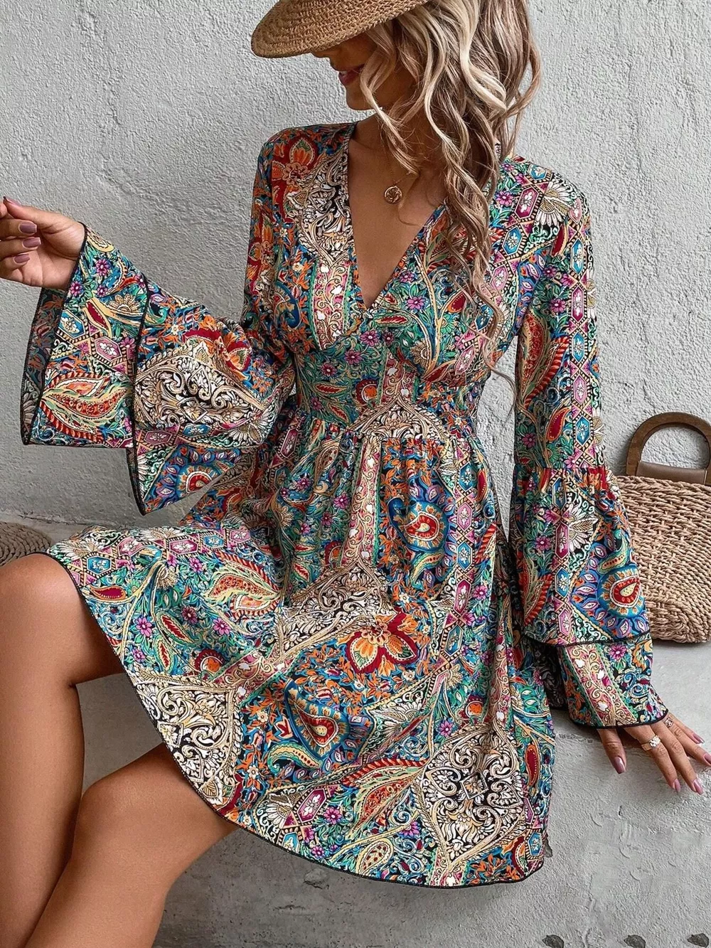 Paisley Print V-Neck Bell Sleeve Mini Dress, image 5