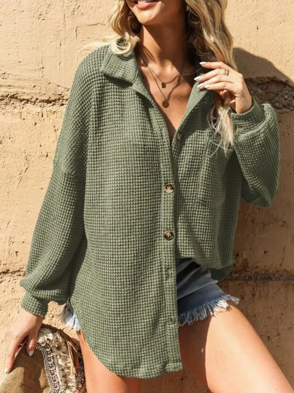 Waffle Knit Button-Down Shirt, image 8