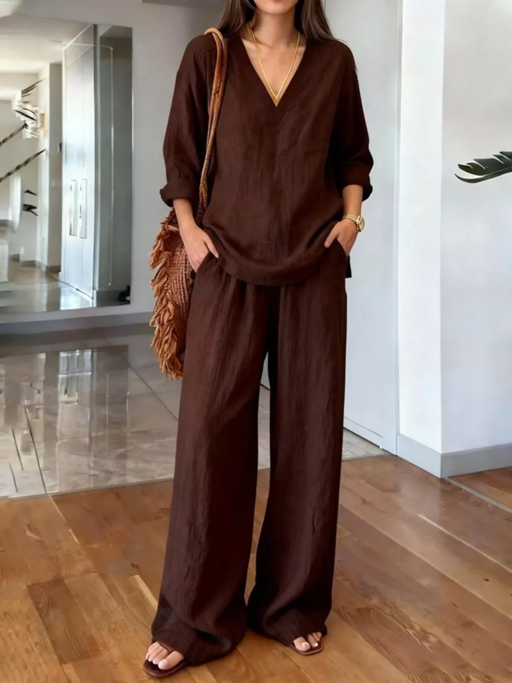 V-Neck Top and Wide-Leg Pants Set, image 9