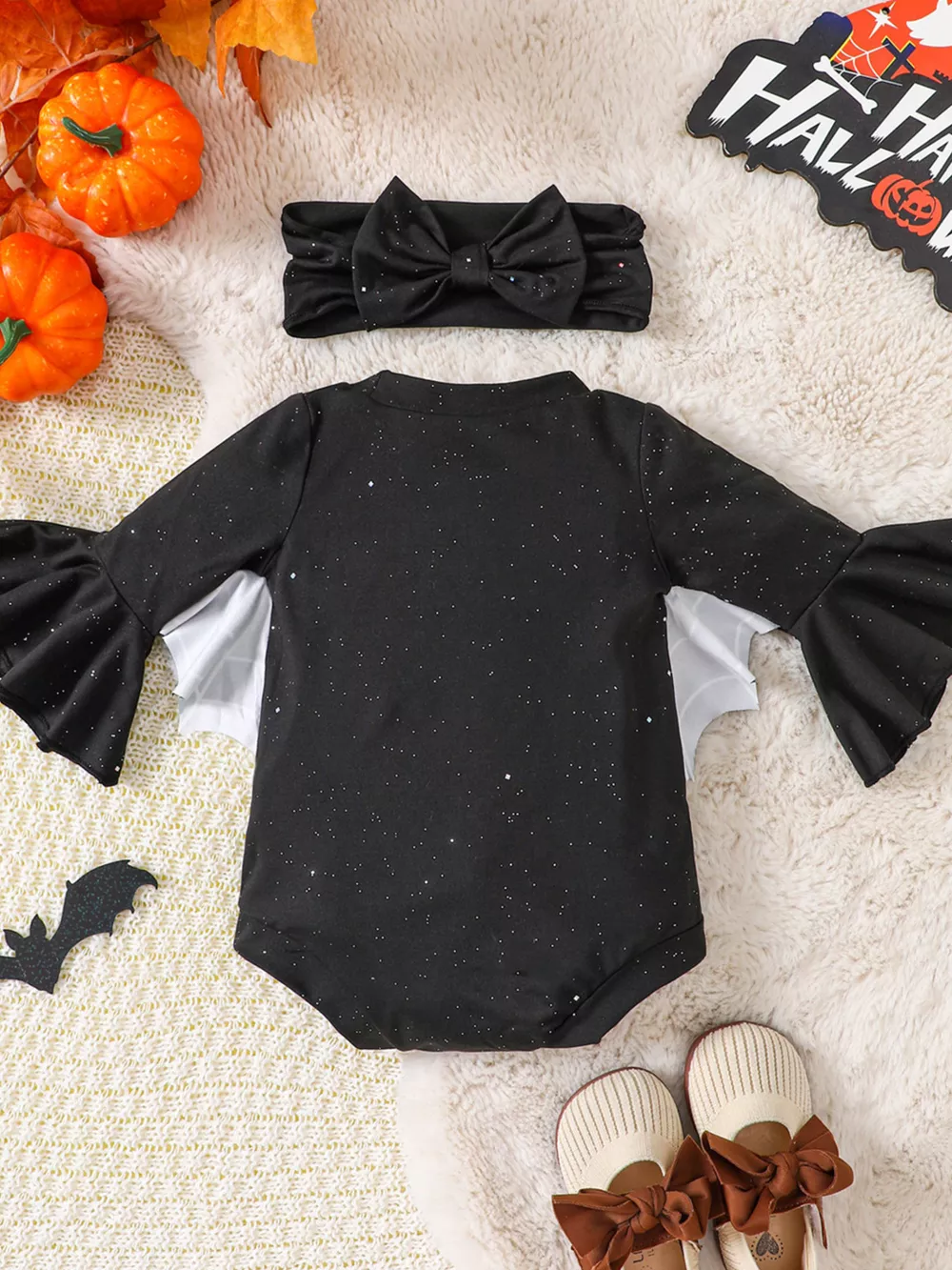 Children's Halloween Spiderweb Print Long Sleeve Bodysuit and Bow Headband Set, image 6
