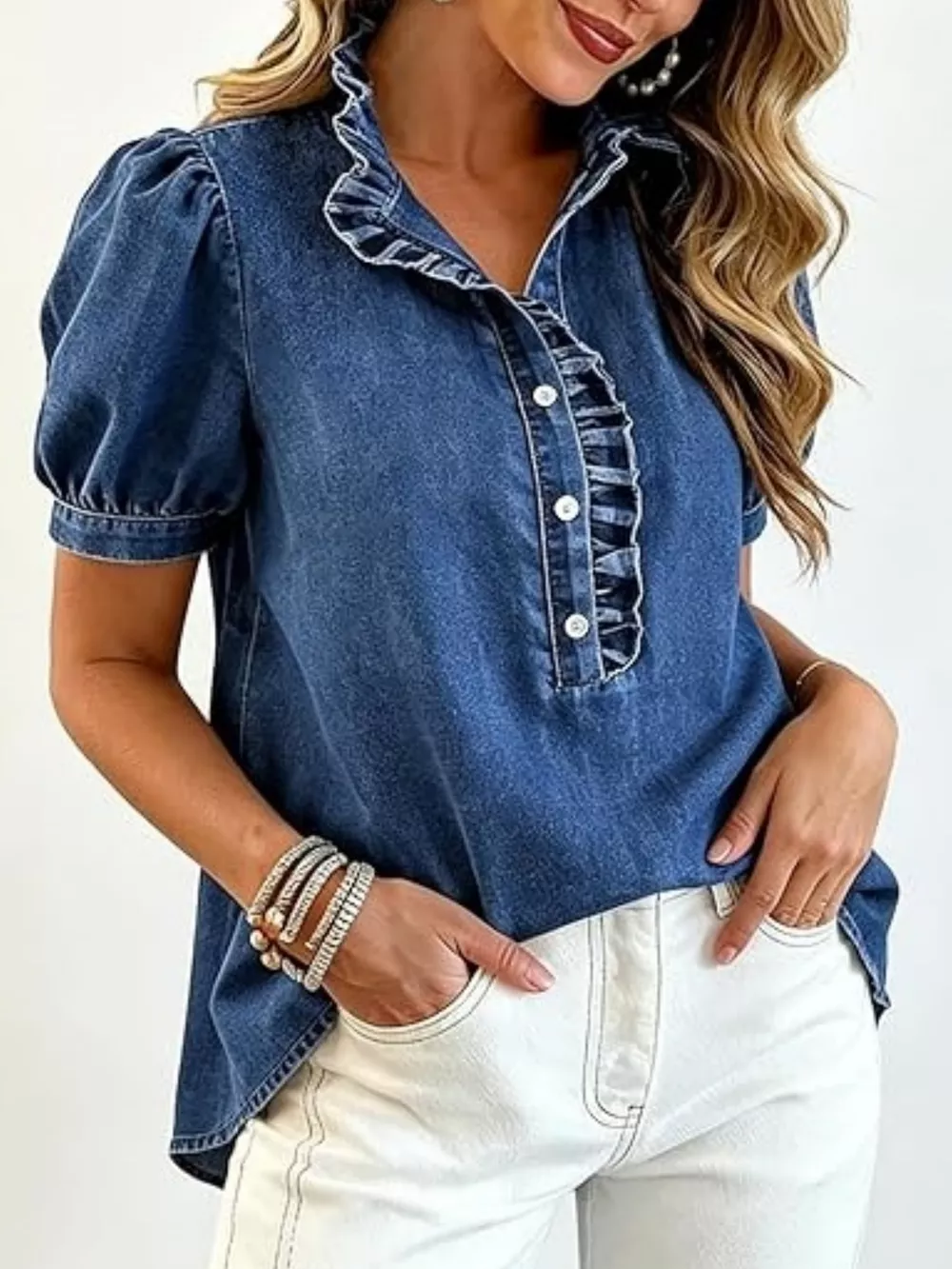 Frill Puff Sleeve Denim Top, image 10