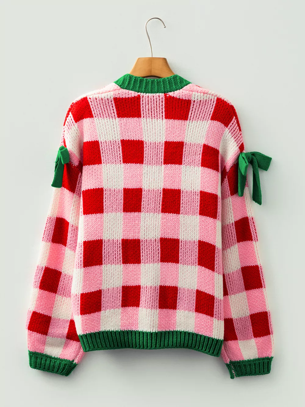 Checkered Bow-Tie Sleeve Knit Christmas Cardigan, image 6