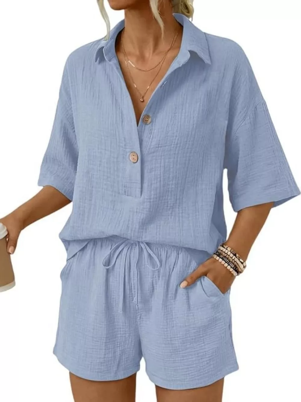 Linen Button Front Short Sleeve Top and Shorts Set, image 5