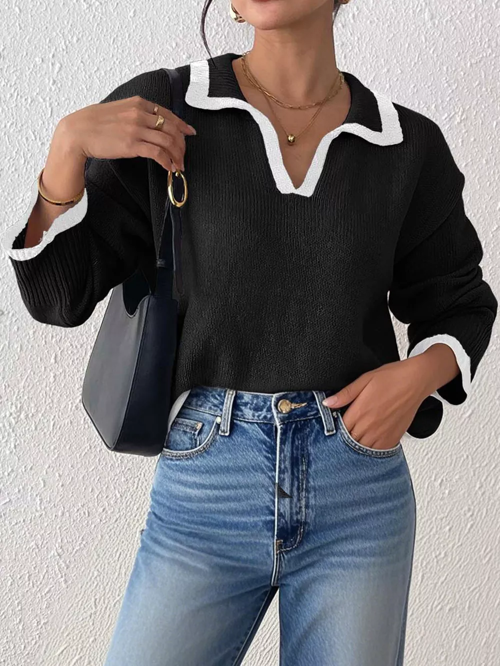 Contrast Trim Polo Collar Sweater, image 3