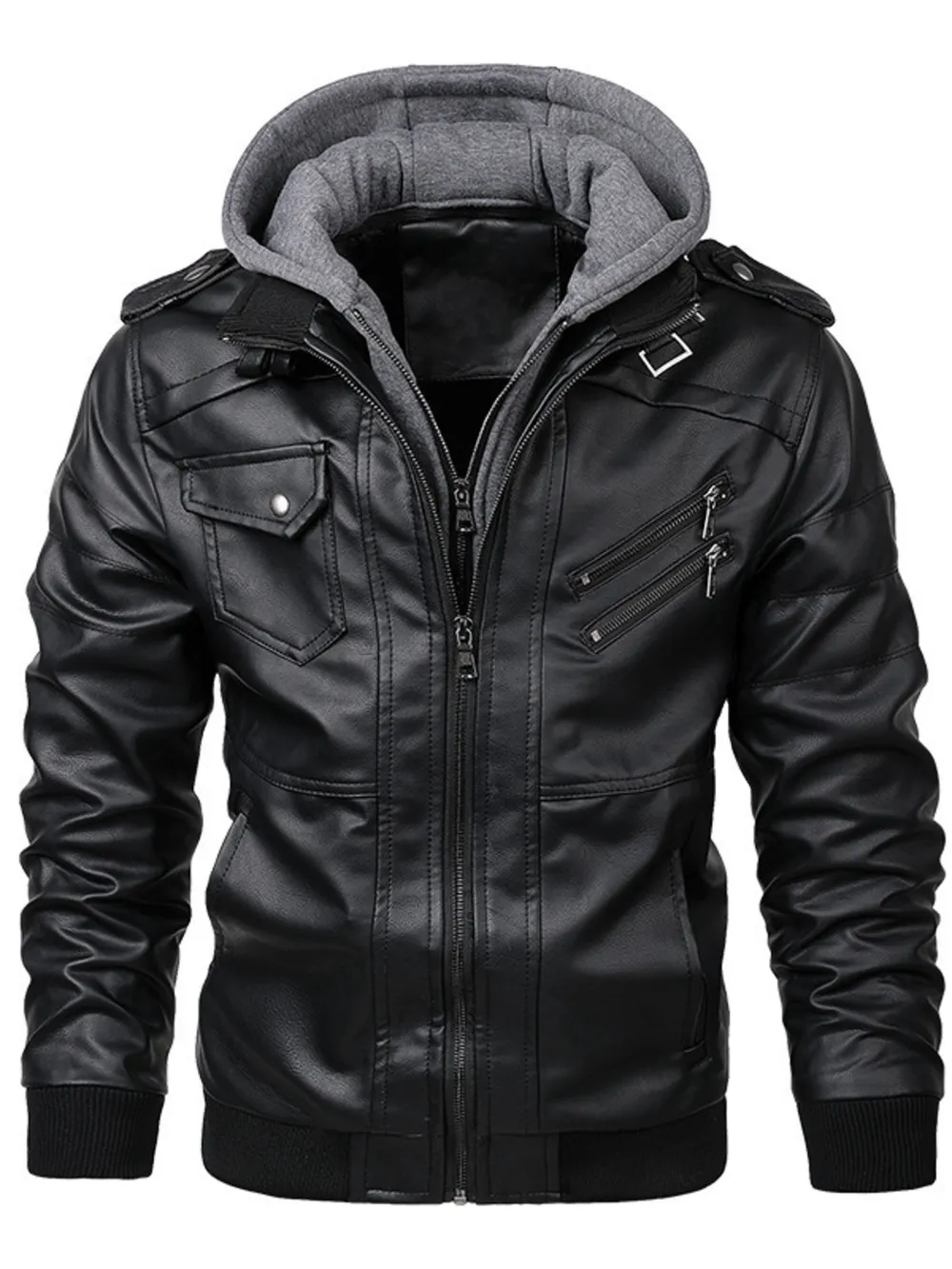 Men's Full Size Hooded Faux Leather Motorcycle Jacket Plus Size, image 2