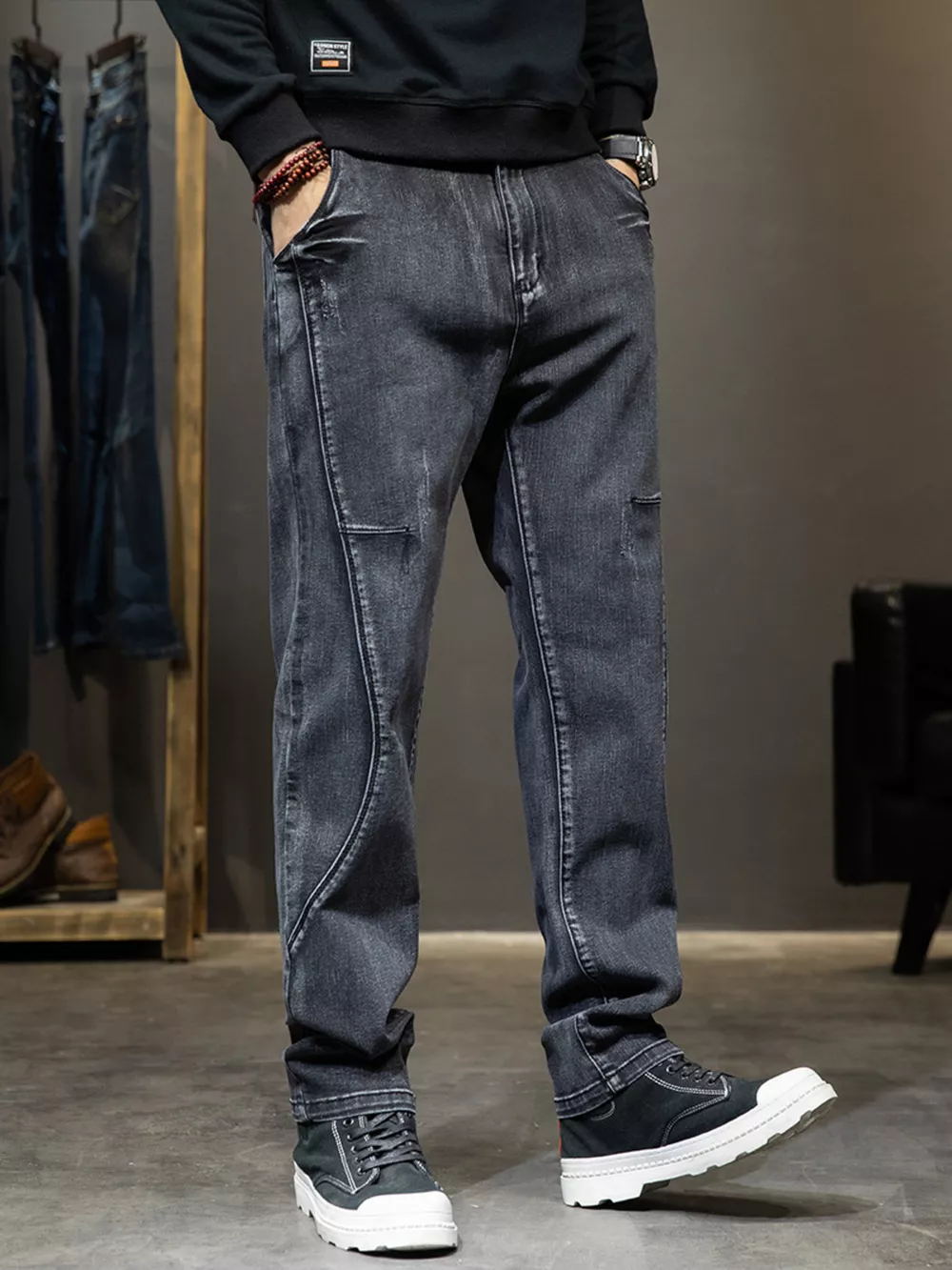 Men's Washed Slim-Fit Jeans with Curved Side Seam Detailing