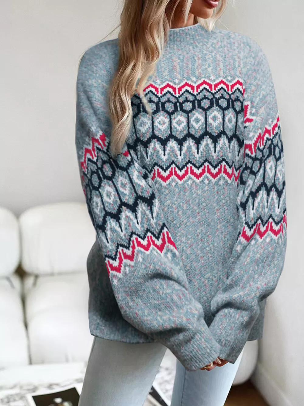 Geometric Pattern Long Sleeve Sweater, image 2