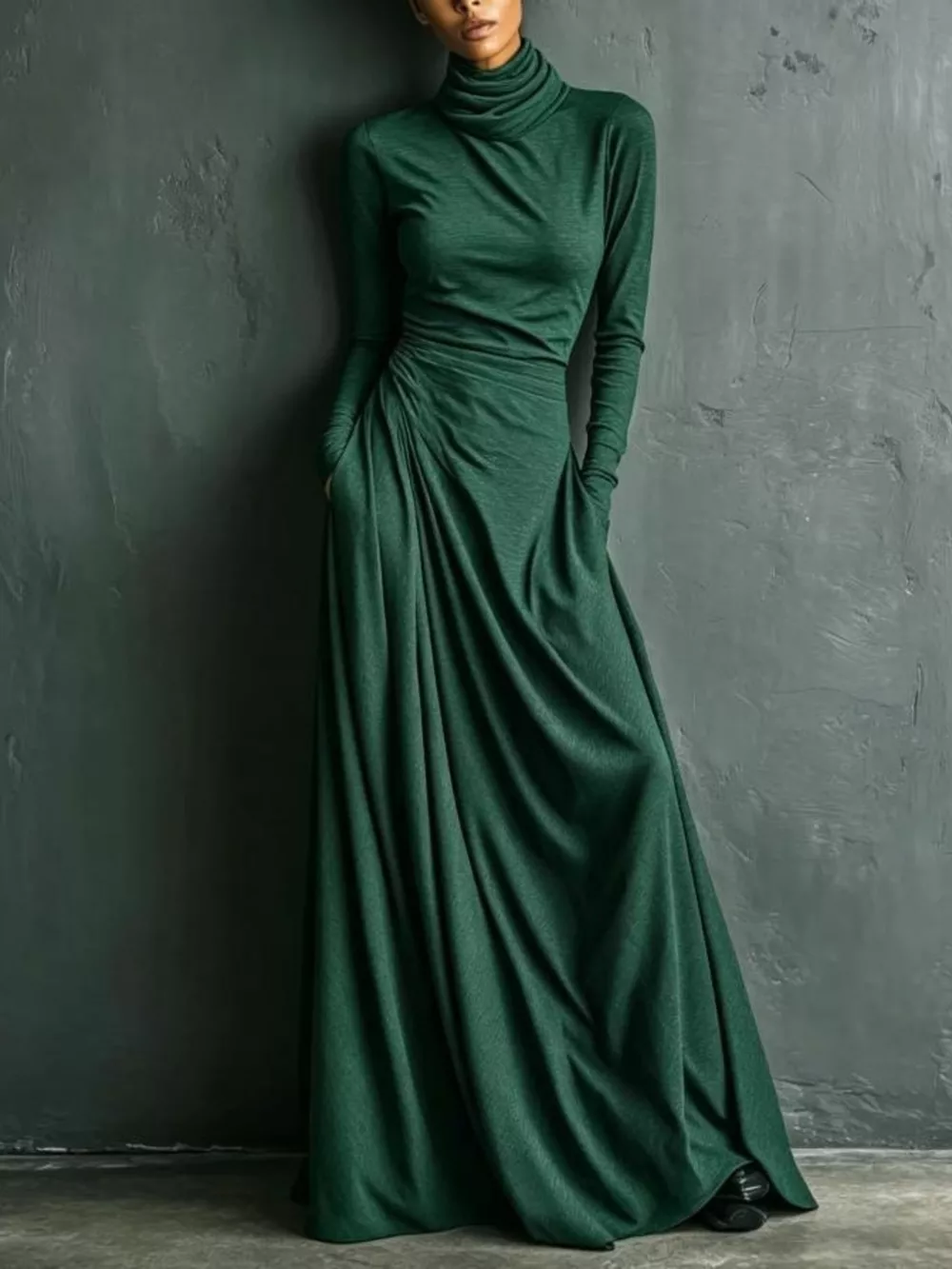 Turtleneck Long-Sleeve Draped Maxi Dress, image 4