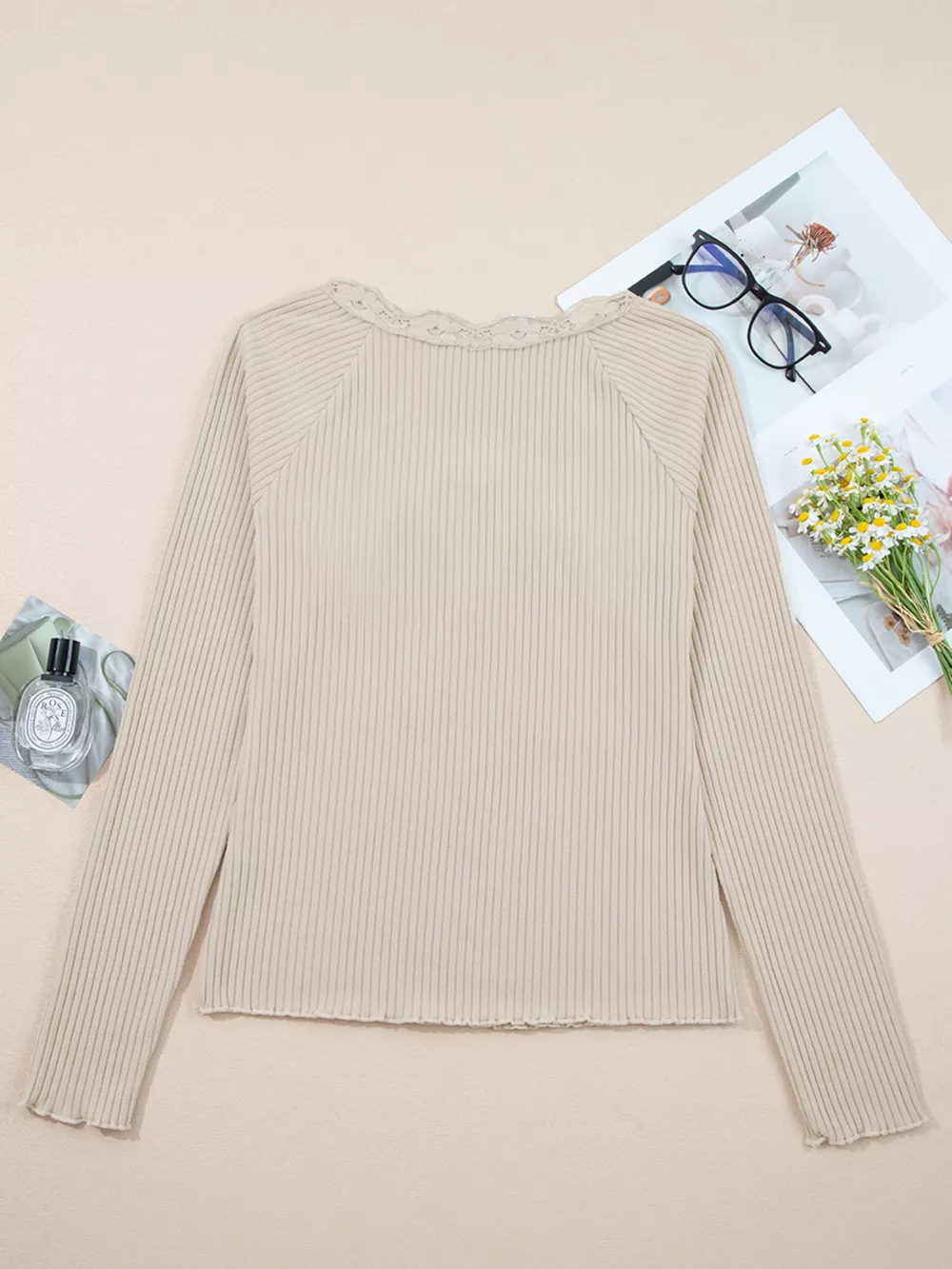 Lace Neckline Button Decor Lettuce Edge Long Sleeve Ribbed Top, image 10