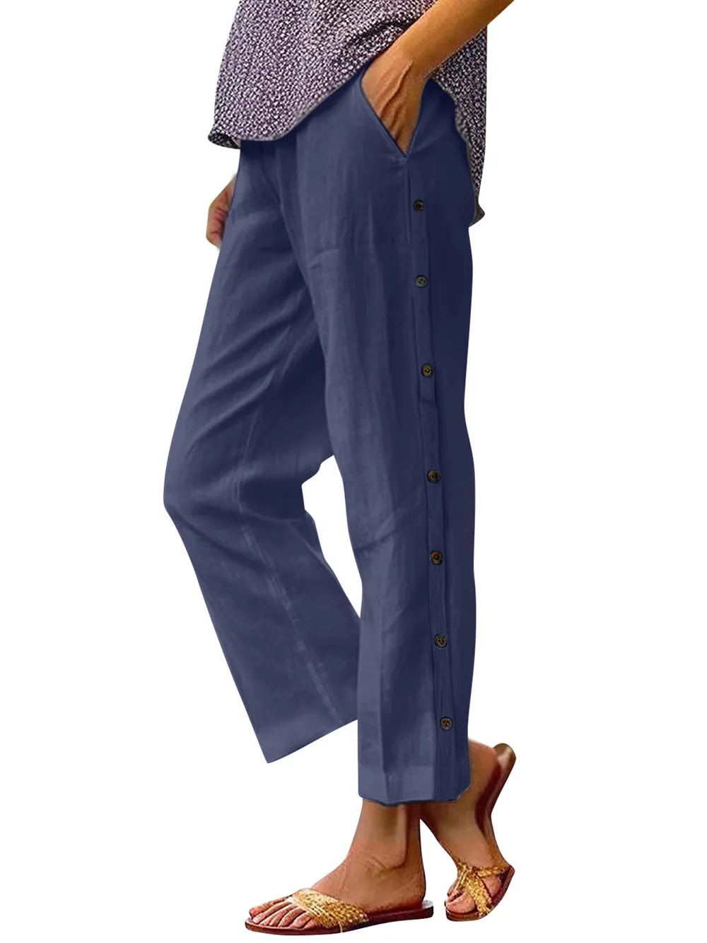 Full Size Side Decor Button Casual Wide Leg Pants Plus Size, image 22