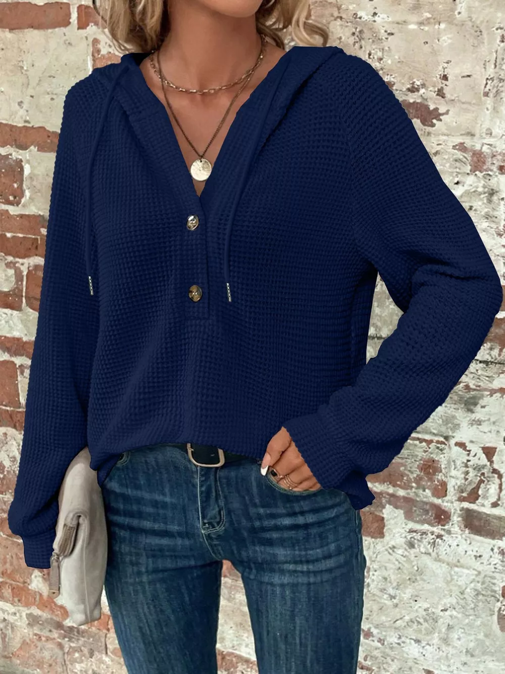 Waffle Knit Button Detail Hoodie, image 34