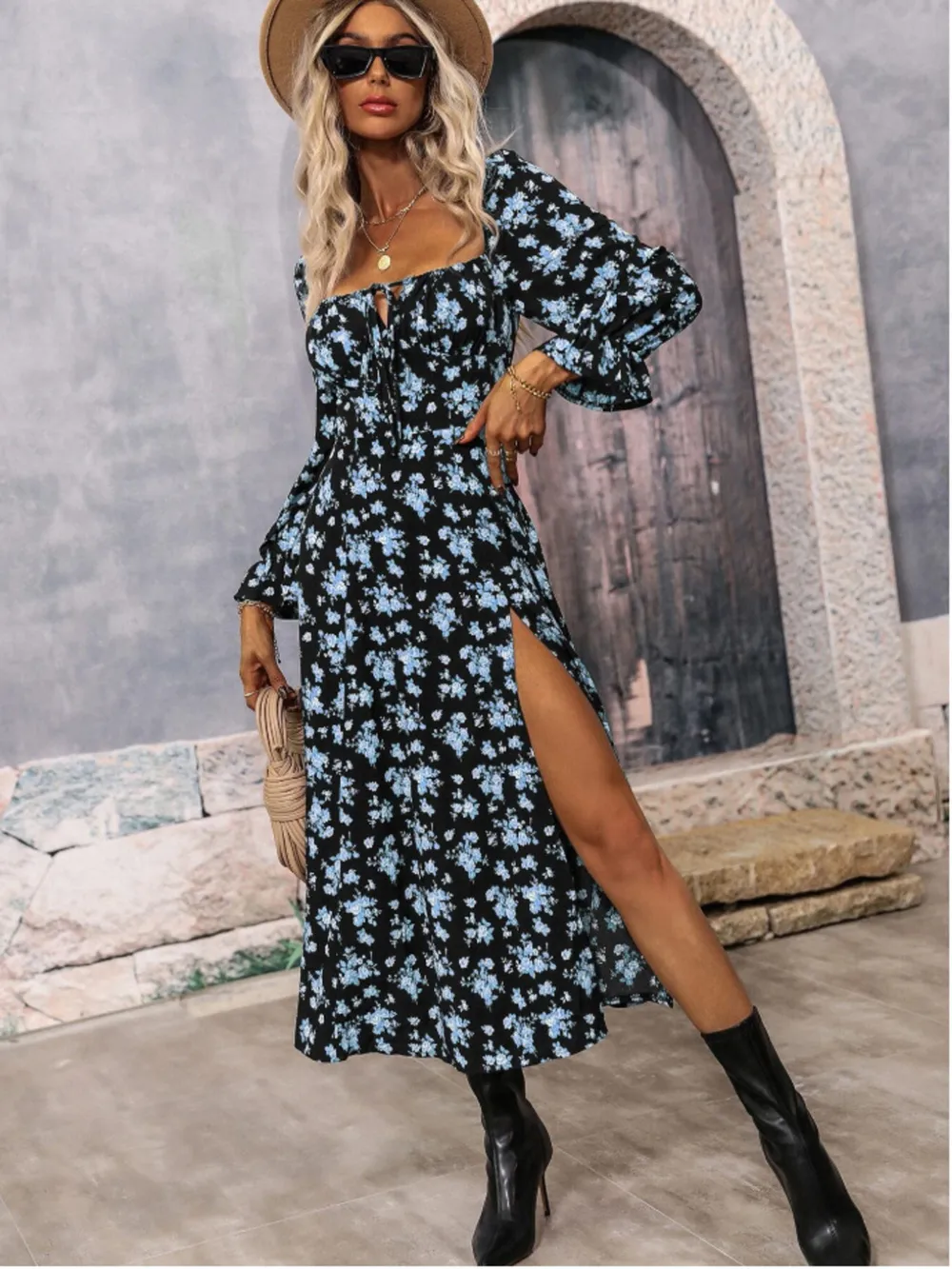 Floral Print Square Neck Flounce Sleeve Dress with Side Slit, image 16