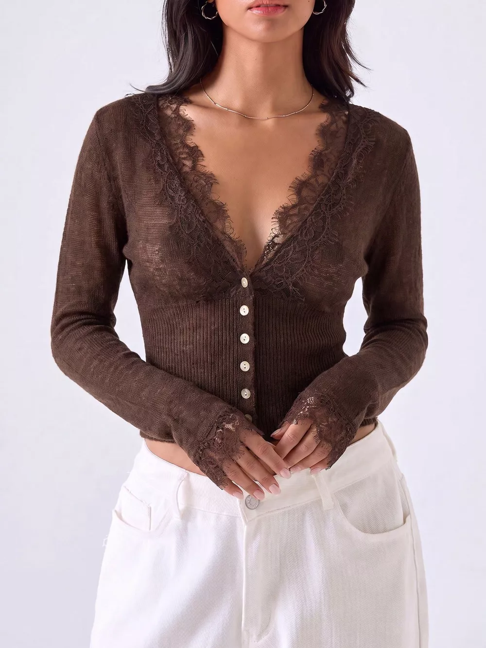 Lace-Trimmed V-Neck Button-Down Cardigan, image 10
