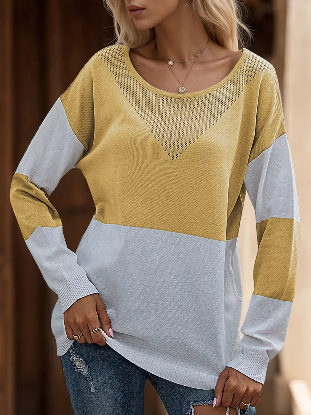 Color Block V-Neck Knit Top, image 4