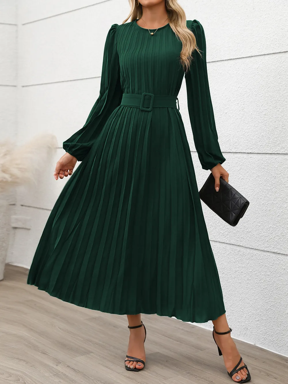 Pleated Round Neck Long Sleeve Dress, image 15