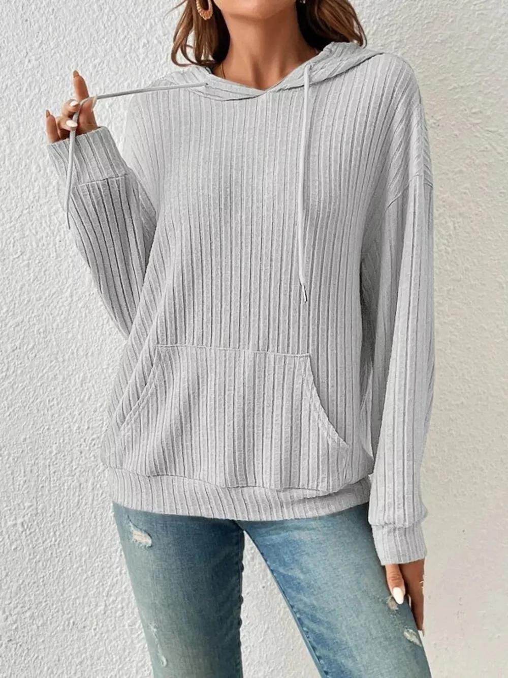 Ribbed Knit Long Sleeve Hoodie, image 12