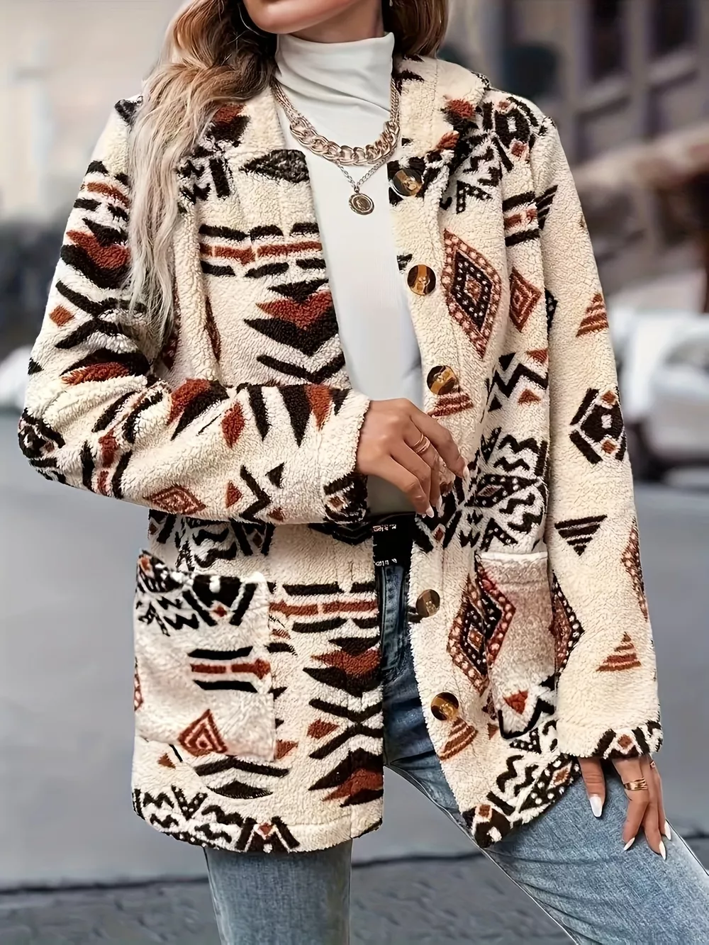 Ethnic Pattern Button-Up Fleece Outerwear, image 4